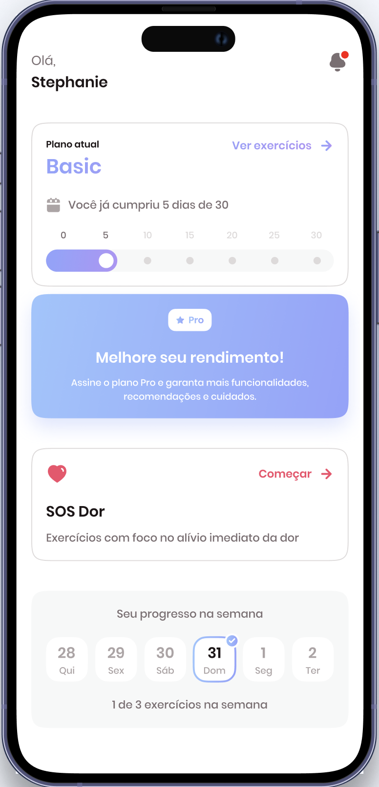 Tela inicial do app Footcare mostrando plano de exercícios e progresso semanal