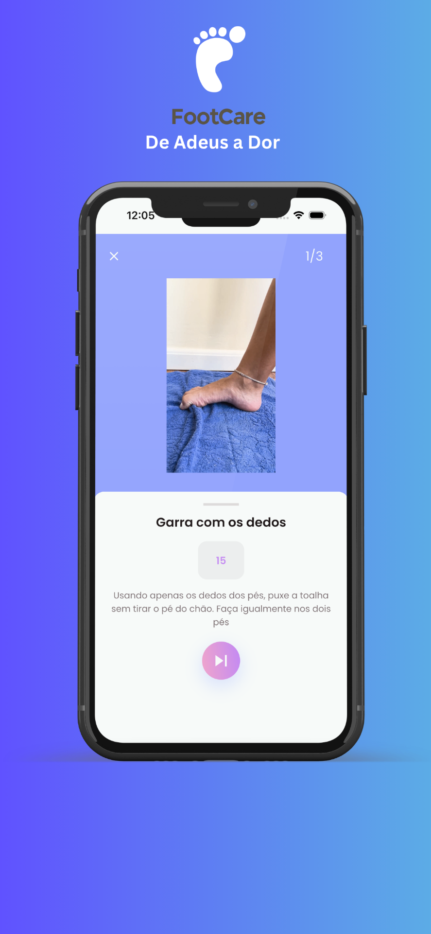 Aplicativo Footcare mostrando exercícios para fascite plantar em um celular